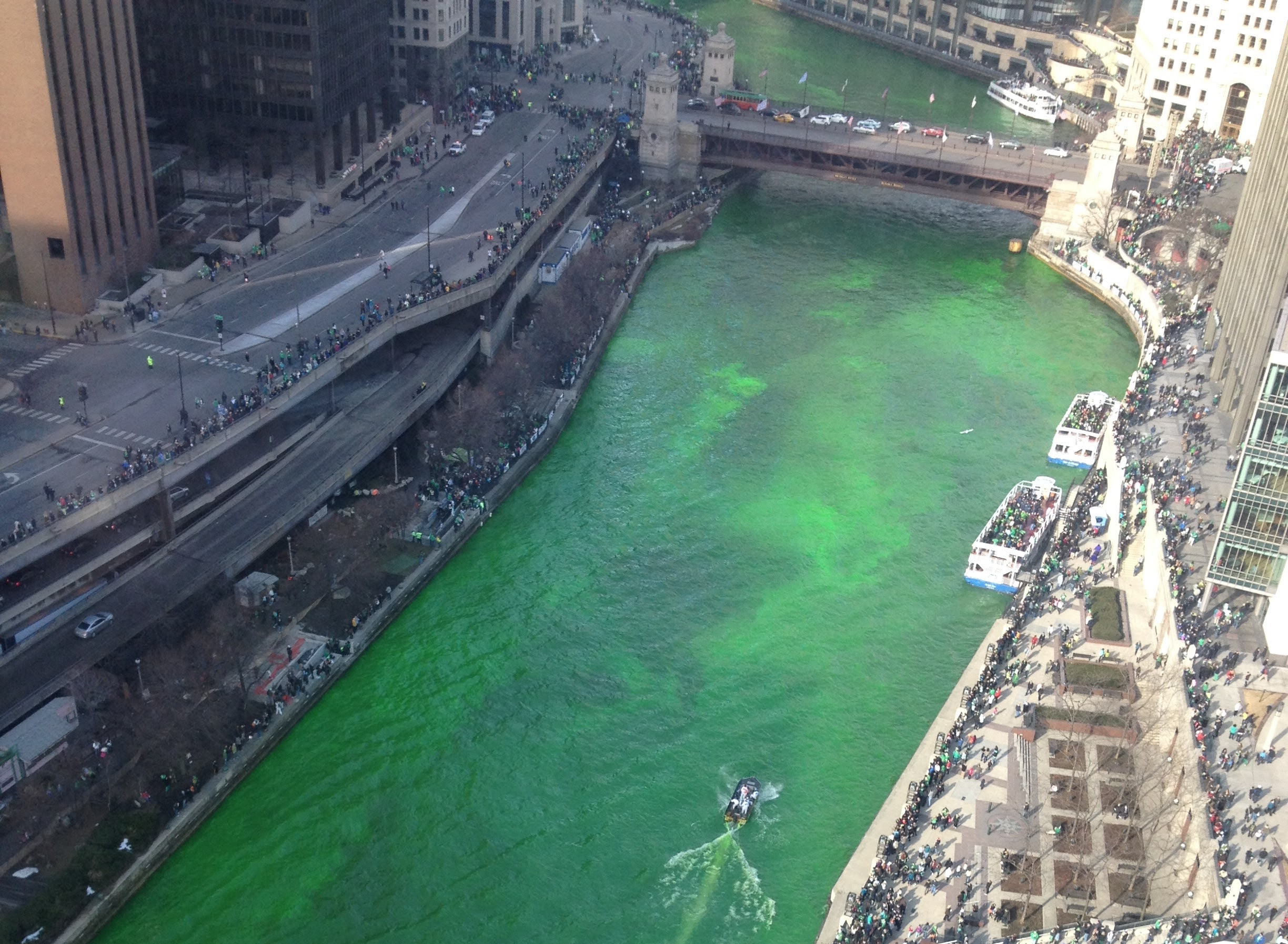 Aerial view of the Chicago River dyed green.