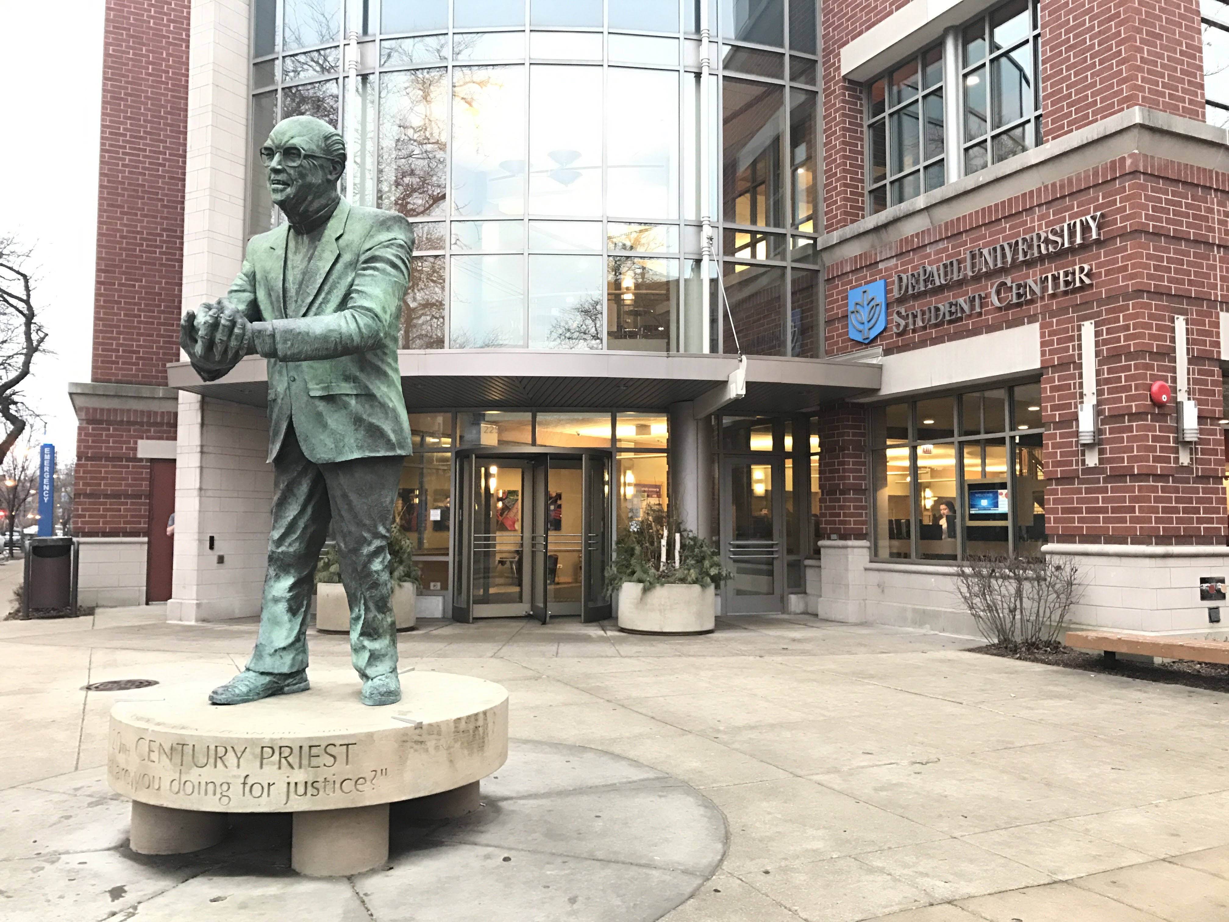 Statue in front of the entrance to the student center.