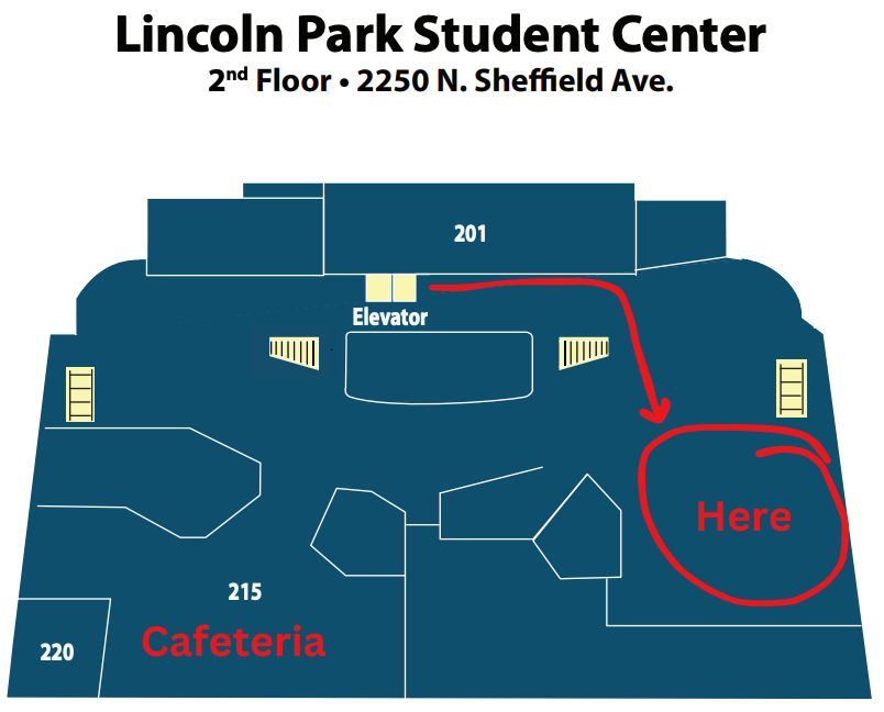 Image of 2nd floor with directional to take a left as you exit the elevator and follow around to the far corner of the open area of the building to open seating
