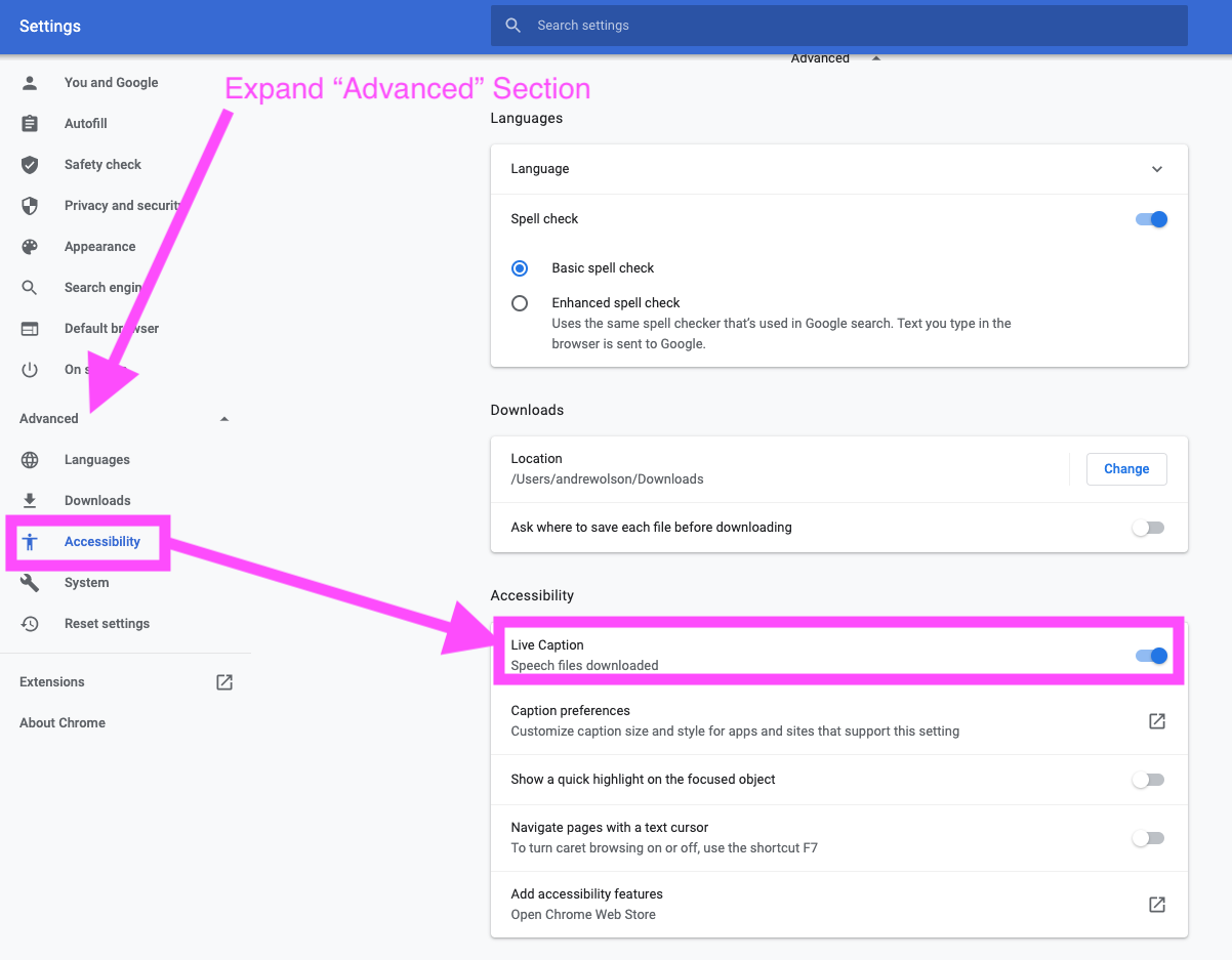 Screenshot of Chrome settings to turn on Live Captions