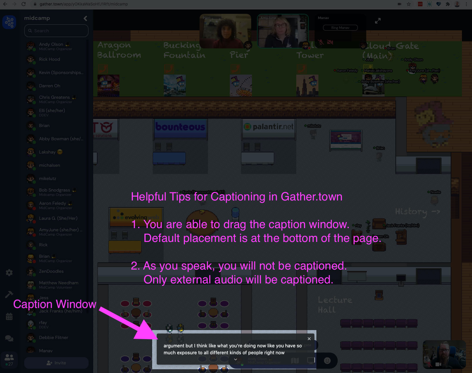 Gather.town screenshot with live captions