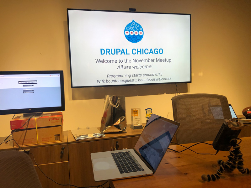 Live Captioning monitor and screen at a Chicago Drupal Meet Up