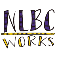 A logo NLBC Works. It is hand drawn quality and is in purple at the top with yellow letters at the bottom.